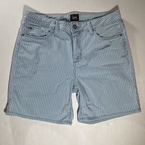 Vintage Lee Womens Shorts Size‎ 12 Light Blue Pinstripe High Waist Denim Shorts